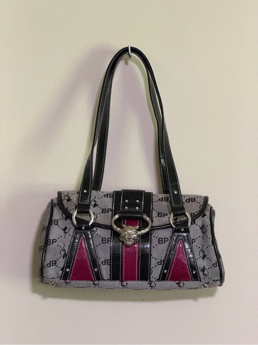 Baby Phat Gray and Black Shoulder Bag with Metallic Feline Clasp
